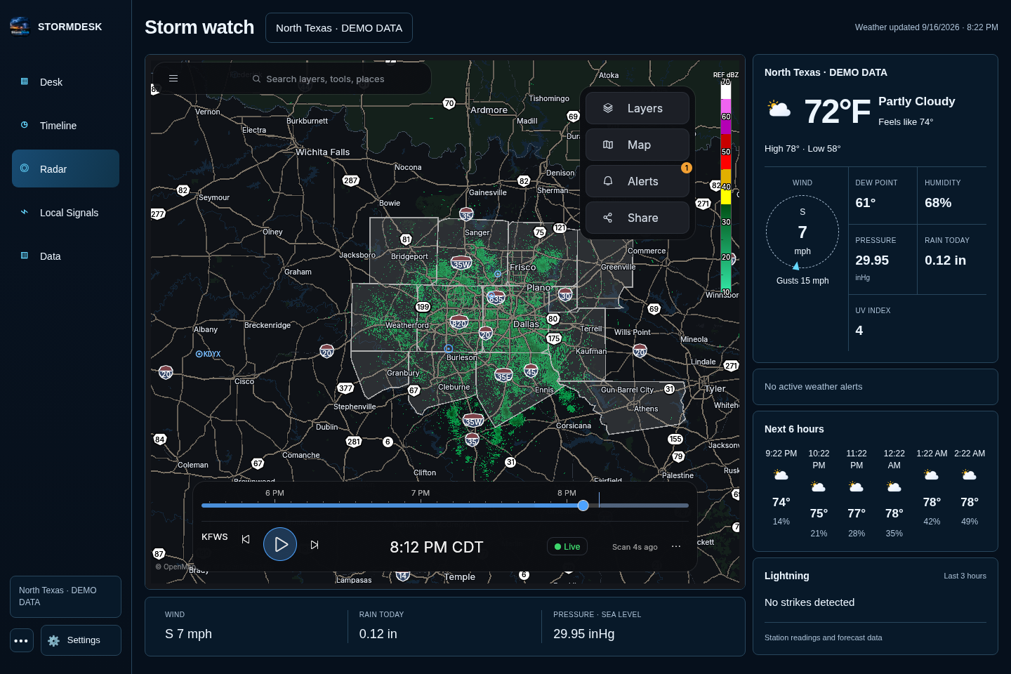StormDesk radar map beside current conditions and the upcoming forecast